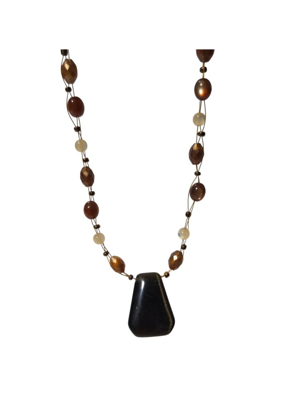 Vintage Beaded Necklace Black Pendant Amber Tones Boho Chic Fashion Jewelry